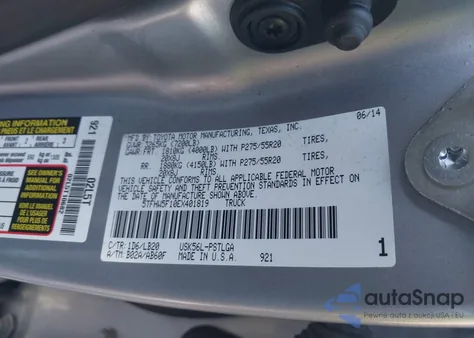 2014 Toyota Tundra Limited 5.7L V8 z USA, uszkodzony, nr VIN 5TFHW5F10EX401819